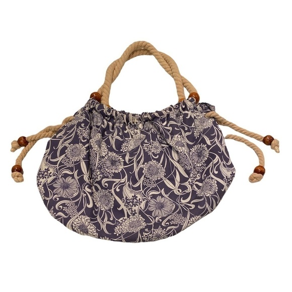 Charming Charlie Cloth Resort Summer Bag  Twisted Rope Handles and Wood Beads - Picture 2 of 4